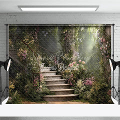 Lofaris Enchanted Garden Photography Backdrop with Winding Stone Staircase Lush Flowers and Magical Sunlight
