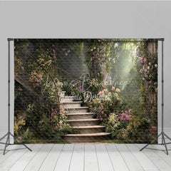 Lofaris Enchanted Garden Photography Backdrop with Winding Stone Staircase Lush Flowers and Magical Sunlight