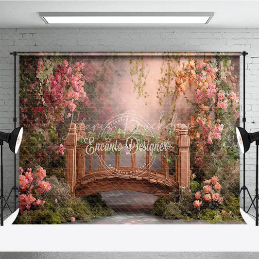 Lofaris Enchanted Garden Wooden Bridge with Pink Flowers Photography Backdrop Spring Fairy Tale Photo Studio Prop