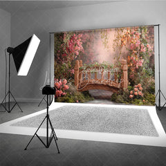 Lofaris Enchanted Garden Wooden Bridge with Pink Flowers Photography Backdrop Spring Fairy Tale Photo Studio Prop