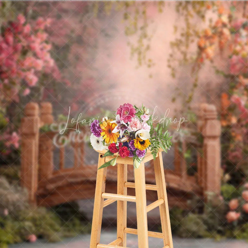Lofaris Enchanted Garden Wooden Bridge with Pink Flowers Photography Backdrop Spring Fairy Tale Photo Studio Prop