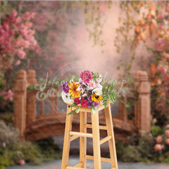 Lofaris Enchanted Garden Wooden Bridge with Pink Flowers Photography Backdrop Spring Fairy Tale Photo Studio Prop