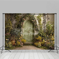 Lofaris Enchanted Green Arched Door Photography Backdrop Lush Floral Vines and Weathered Stone Wall Garden Theme