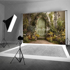 Lofaris Enchanted Green Arched Door Photography Backdrop Lush Floral Vines and Weathered Stone Wall Garden Theme