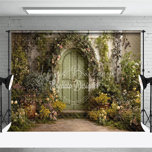 Lofaris Enchanted Green Arched Door Photography Backdrop Lush Floral Vines and Weathered Stone Wall Garden Theme