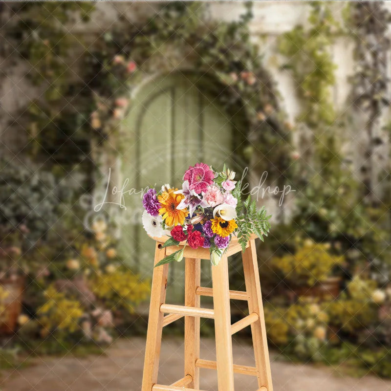 Lofaris Enchanted Green Arched Door Photography Backdrop Lush Floral Vines and Weathered Stone Wall Garden Theme