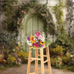 Lofaris Enchanted Green Arched Door Photography Backdrop Lush Floral Vines and Weathered Stone Wall Garden Theme