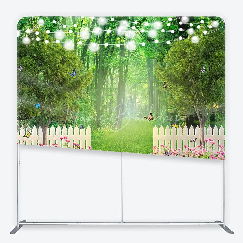 Lofaris Enchanted Green Forest Garden Square Double-Sided Backdrop with White Picket Fence Pink Flowers and String Lights