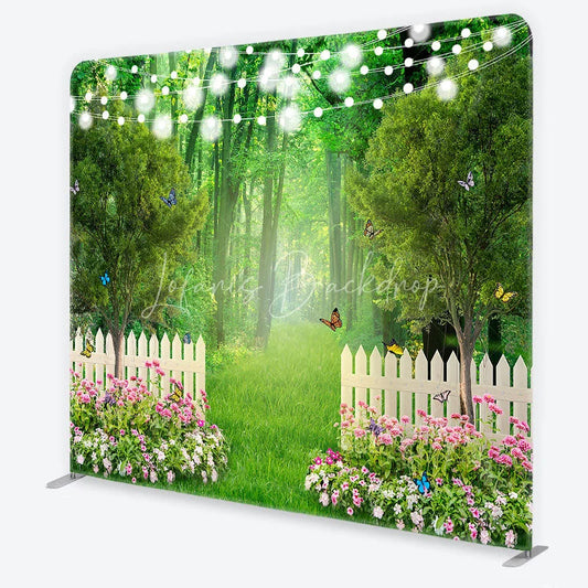 Lofaris Enchanted Green Forest Garden Square Double-Sided Backdrop with White Picket Fence Pink Flowers and String Lights