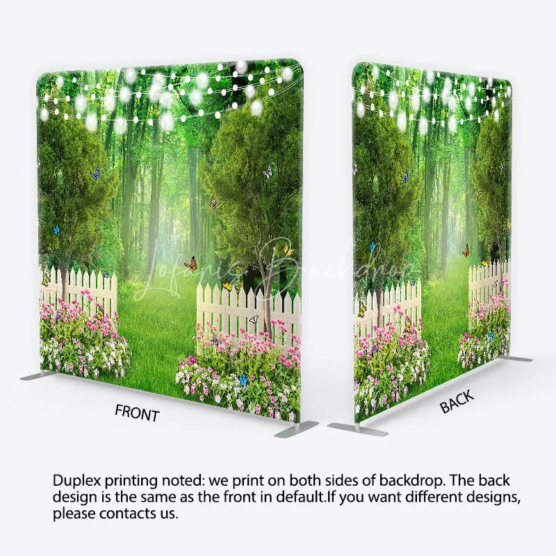 Lofaris Enchanted Green Forest Garden Square Double-Sided Backdrop with White Picket Fence Pink Flowers and String Lights