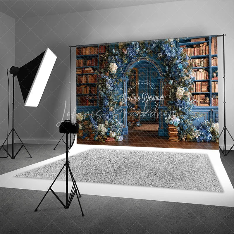 Lofaris Enchanted Library Photography Backdrop Blue Bookshelves with Floral Arch Fairytale Fine Art Photo Background