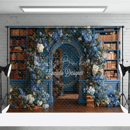 Lofaris Enchanted Library Photography Backdrop Blue Bookshelves with Floral Arch Fairytale Fine Art Photo Background