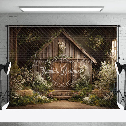 Lofaris Enchanted Rustic Wooden Barn Photography Backdrop with Spring Flowers and Greenery Farmhouse Style Portrait Background
