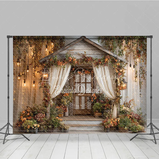 Lofaris Enchanted Rustic Wooden Cabin Photography Backdrop with Autumn Flowers Vines and Warm Fairy Lights