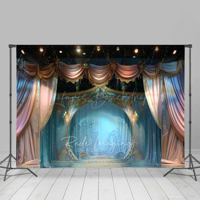 Lofaris Enchanted Theater Stage Photography Backdrop Fairytale Scenery with Blue and Gold Curtains Magical Show Photo Prop