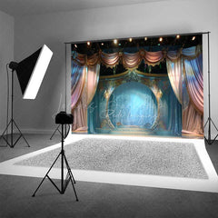 Lofaris Enchanted Theater Stage Photography Backdrop Fairytale Scenery with Blue and Gold Curtains Magical Show Photo Prop