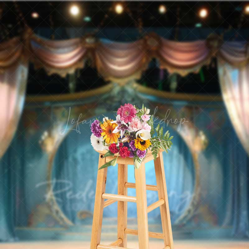 Lofaris Enchanted Theater Stage Photography Backdrop Fairytale Scenery with Blue and Gold Curtains Magical Show Photo Prop