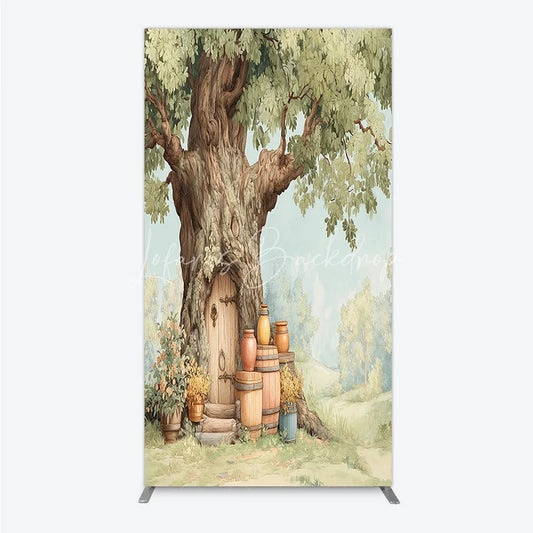 Lofaris Enchanted Tree House Door Fairy Forest Rectangle Arch Backdrop with Wooden Barrels Storybook Birthday Party Decor