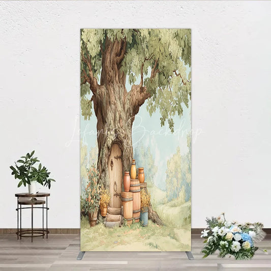 Lofaris Enchanted Tree House Door Fairy Forest Rectangle Arch Backdrop with Wooden Barrels Storybook Birthday Party Decor