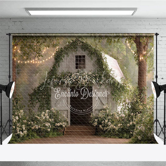 Lofaris Enchanted White Wooden Barn Photography Backdrop with Green Vines Flowers and Twinkling String Lights