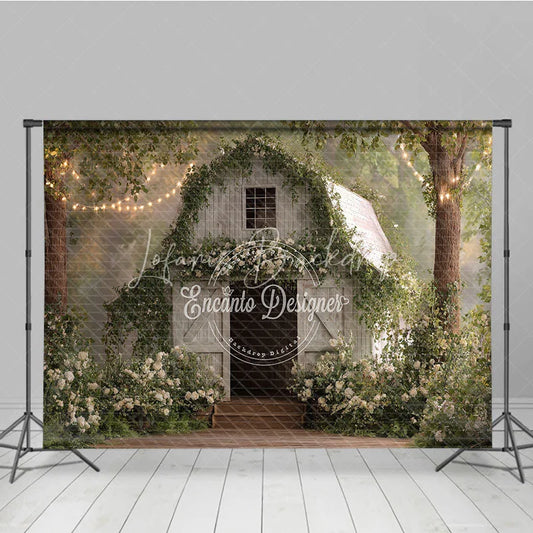 Lofaris Enchanted White Wooden Barn Photography Backdrop with Green Vines Flowers and Twinkling String Lights