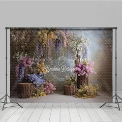 Lofaris Enchanted Wisteria Photography Backdrop Rustic Wood Stumps with Spring Flowers Fine Art Painterly Background