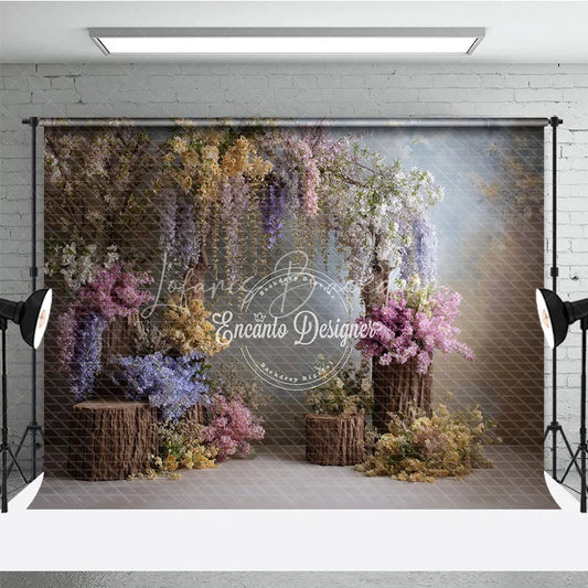 Lofaris Enchanted Wisteria Photography Backdrop Rustic Wood Stumps with Spring Flowers Fine Art Painterly Background