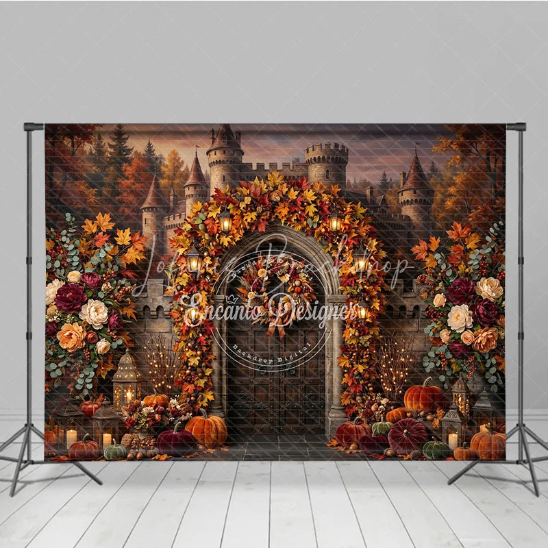 Lofaris Enchanting Autumn Castle Archway Photography Backdrop with Fall Leaves Pumpkins and Lanterns Decor
