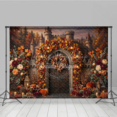 Lofaris Enchanting Autumn Castle Archway Photography Backdrop with Fall Leaves Pumpkins and Lanterns Decor