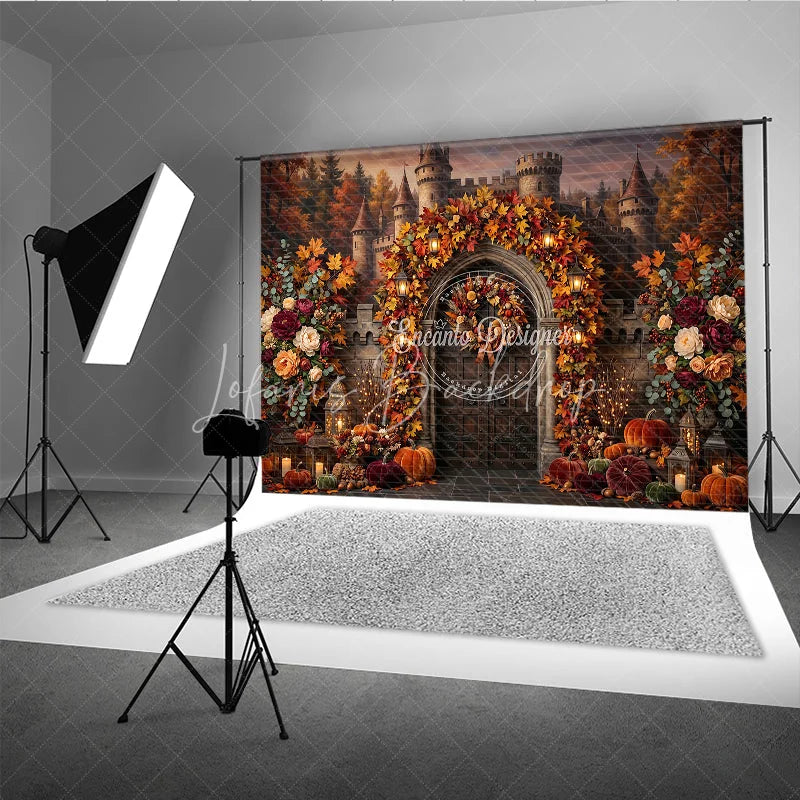 Lofaris Enchanting Autumn Castle Archway Photography Backdrop with Fall Leaves Pumpkins and Lanterns Decor
