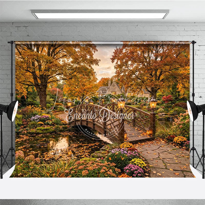 Lofaris Enchanting Autumn Garden Photography Backdrop Wooden Bridge over Pond Fall Foliage and Lanterns