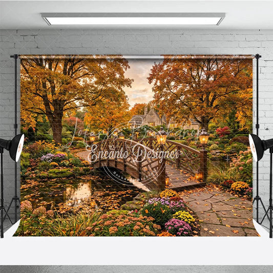 Lofaris Enchanting Autumn Garden Photography Backdrop Wooden Bridge over Pond Fall Foliage and Lanterns