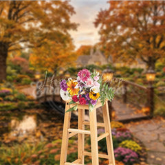 Lofaris Enchanting Autumn Garden Photography Backdrop Wooden Bridge over Pond Fall Foliage and Lanterns