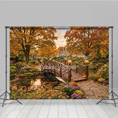 Lofaris Enchanting Autumn Garden Photography Backdrop Wooden Bridge over Pond Fall Foliage and Lanterns