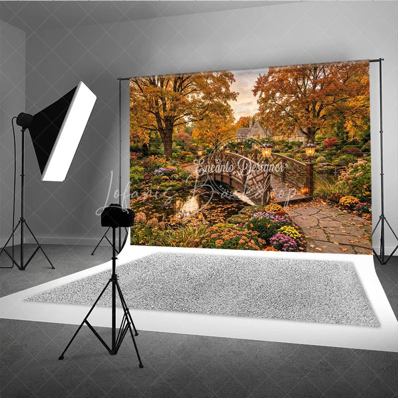 Lofaris Enchanting Autumn Garden Photography Backdrop Wooden Bridge over Pond Fall Foliage and Lanterns