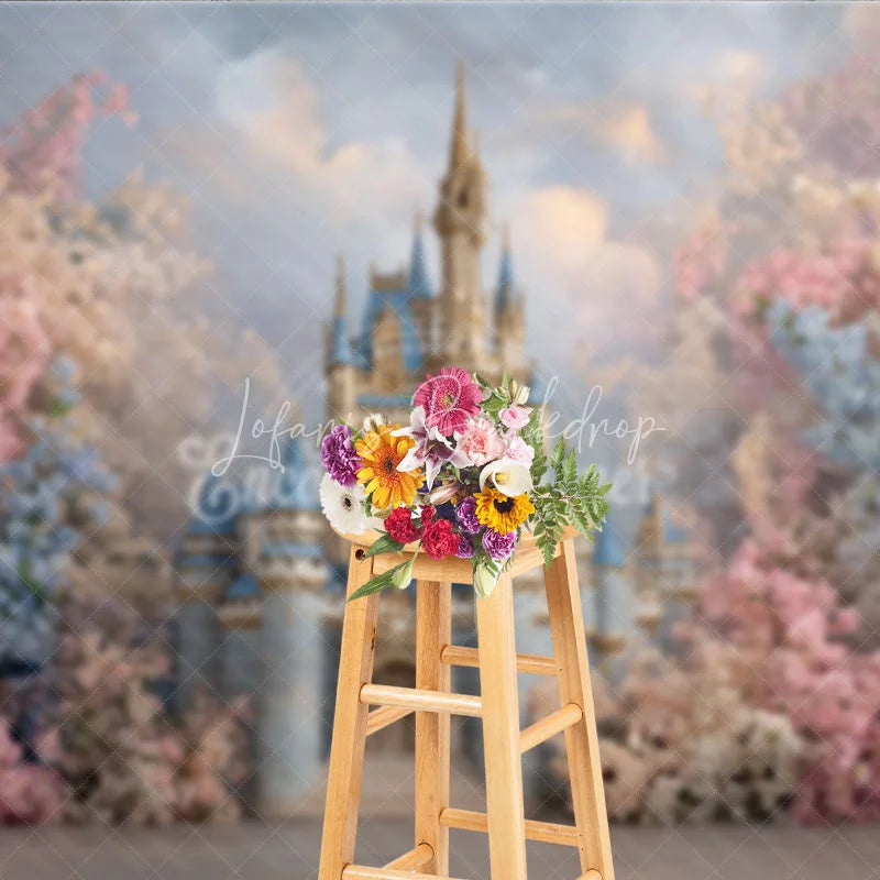 Lofaris Enchanting Fairy Tale Castle Photography Backdrop Pink and Blue Flowers Dreamy Princess Party Baby Shower Decor
