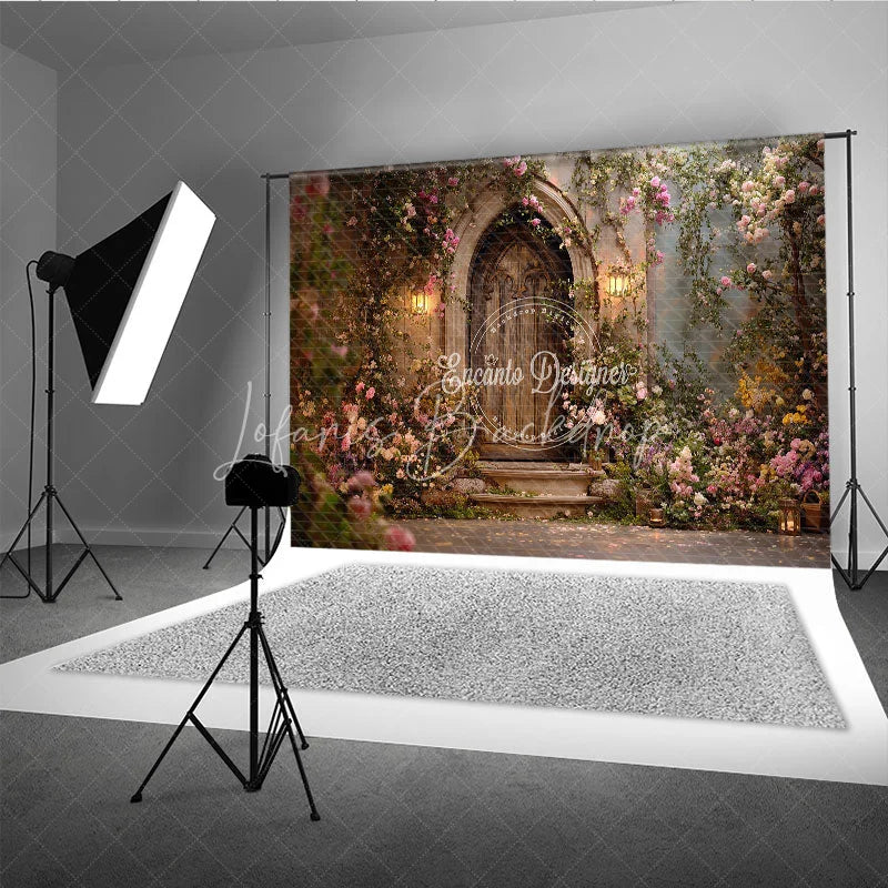 Lofaris Enchanting Fairytale Wooden Door Photography Backdrop with Climbing Roses and Lanterns Romantic Garden Scene