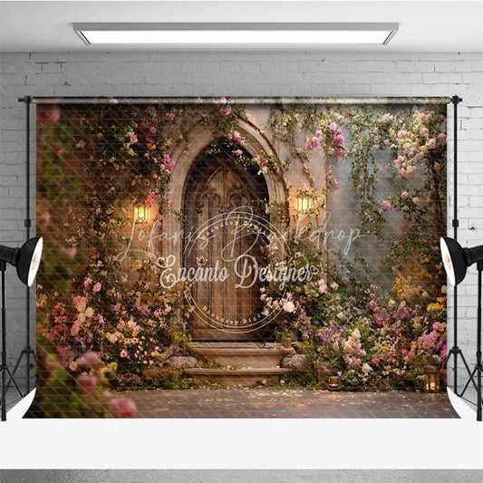 Lofaris Enchanting Fairytale Wooden Door Photography Backdrop with Climbing Roses and Lanterns Romantic Garden Scene