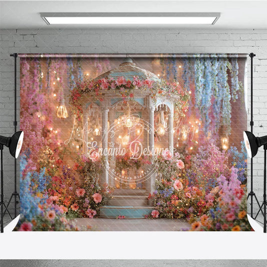 Lofaris Enchanting Floral Gazebo Photography Backdrop Whimsical Garden with Hanging Lights and Pastel Flowers