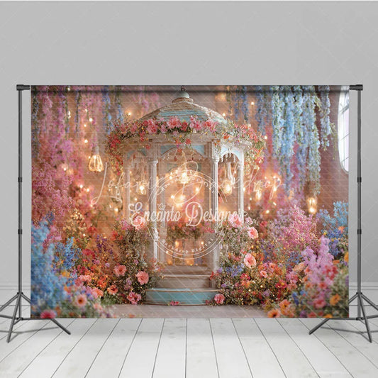 Lofaris Enchanting Floral Gazebo Photography Backdrop Whimsical Garden with Hanging Lights and Pastel Flowers