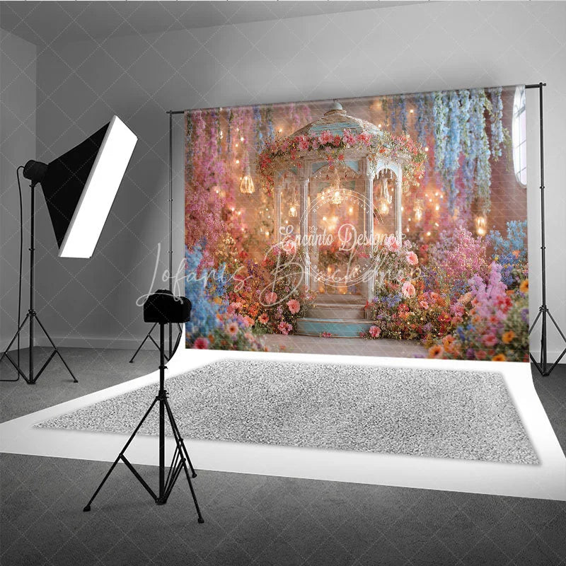 Lofaris Enchanting Floral Gazebo Photography Backdrop Whimsical Garden with Hanging Lights and Pastel Flowers