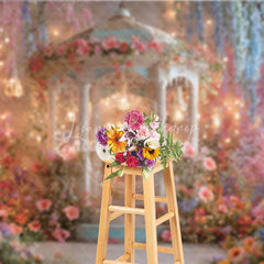 Lofaris Enchanting Floral Gazebo Photography Backdrop Whimsical Garden with Hanging Lights and Pastel Flowers