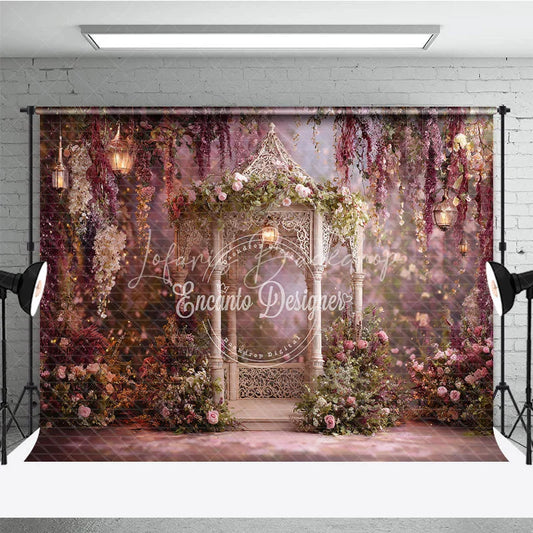 Lofaris Enchanting Floral Gazebo Photography Backdrop with Hanging Lanterns Romantic Garden Theme for Weddings