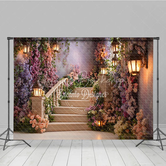 Lofaris Enchanting Floral Staircase Photography Backdrop with Romantic Lanterns Fairytale Garden Theme