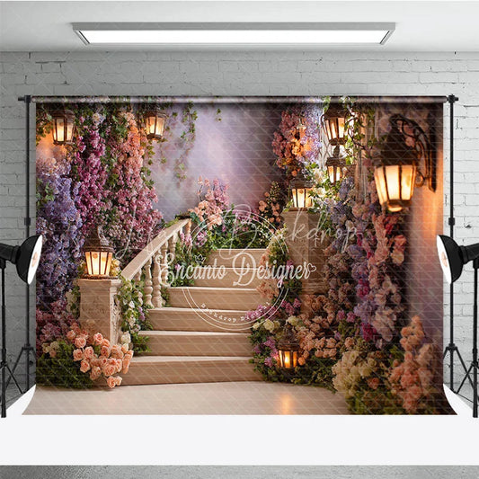 Lofaris Enchanting Floral Staircase Photography Backdrop with Romantic Lanterns Fairytale Garden Theme
