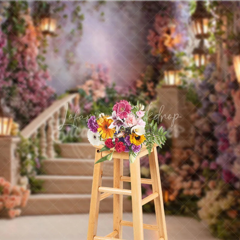 Lofaris Enchanting Floral Staircase Photography Backdrop with Romantic Lanterns Fairytale Garden Theme