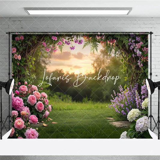 Lofaris Enchanting Garden Arch Photography Backdrop with Pink Roses Purple Lavender and Sunset Glow for Spring Party Decor