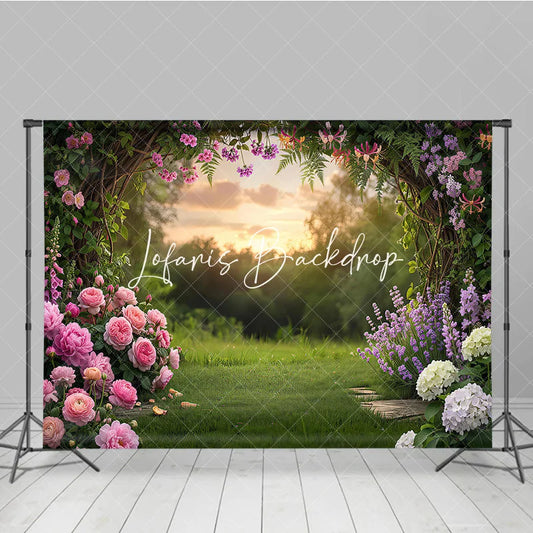 Lofaris Enchanting Garden Arch Photography Backdrop with Pink Roses Purple Lavender and Sunset Glow for Spring Party Decor