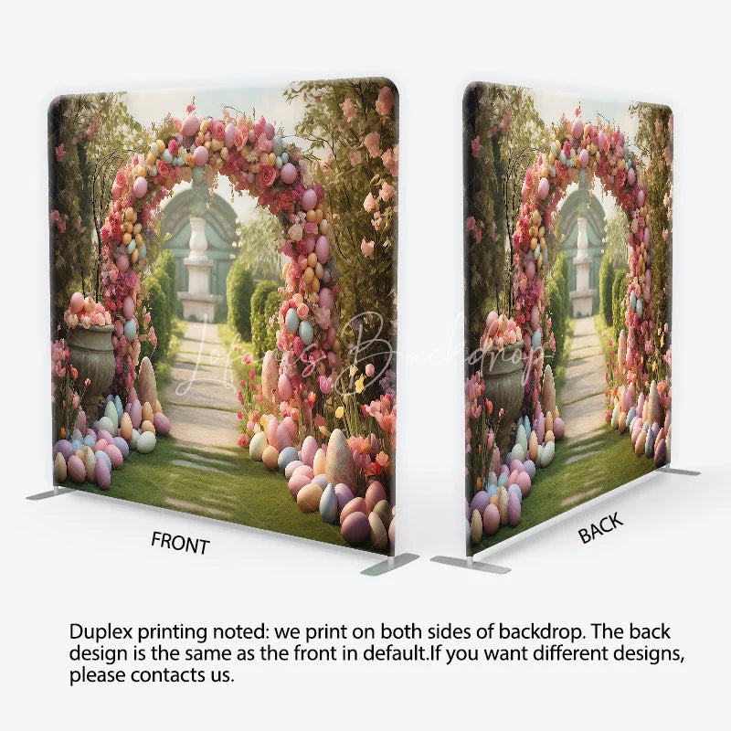 Lofaris Enchanting Garden Archway Square Double-Sided Backdrop Pastel Easter Eggs and Spring Floral Party Decor