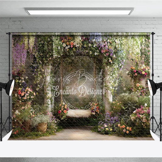 Lofaris Enchanting Garden Floral Archway Photography Backdrop Dreamy Swing and Lush Colorful Blooms